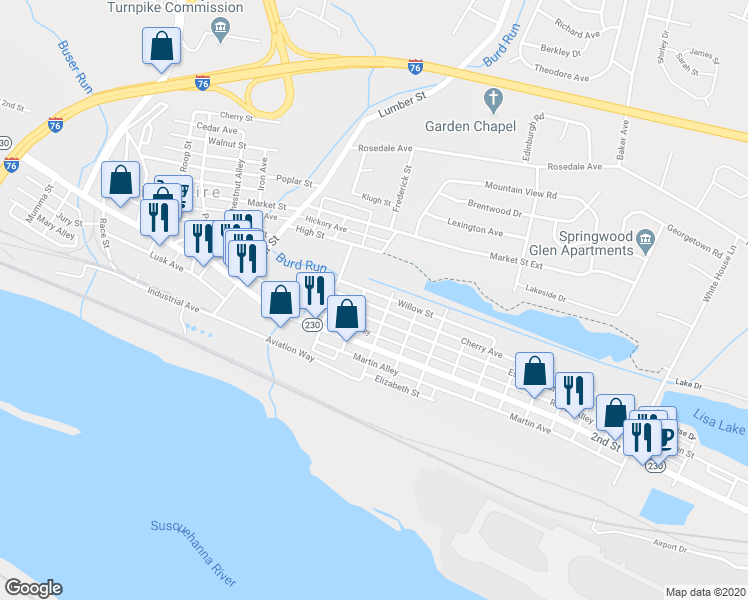 map of restaurants, bars, coffee shops, grocery stores, and more near 433 Willow Street in Highspire