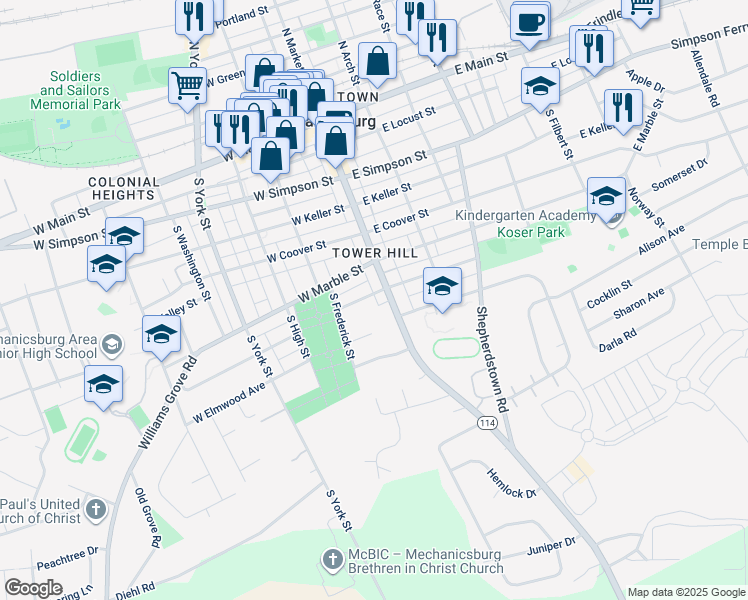 map of restaurants, bars, coffee shops, grocery stores, and more near 11 West Maplewood Avenue in Mechanicsburg