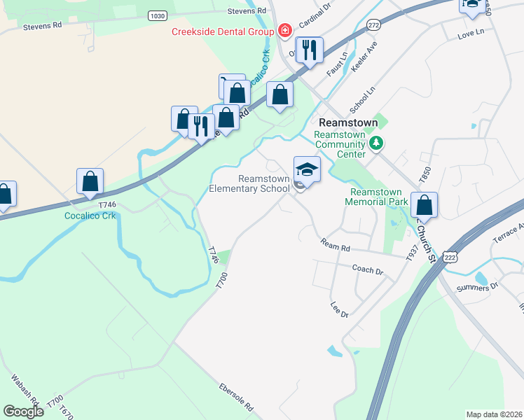 map of restaurants, bars, coffee shops, grocery stores, and more near 63 South Reamstown Road in Stevens