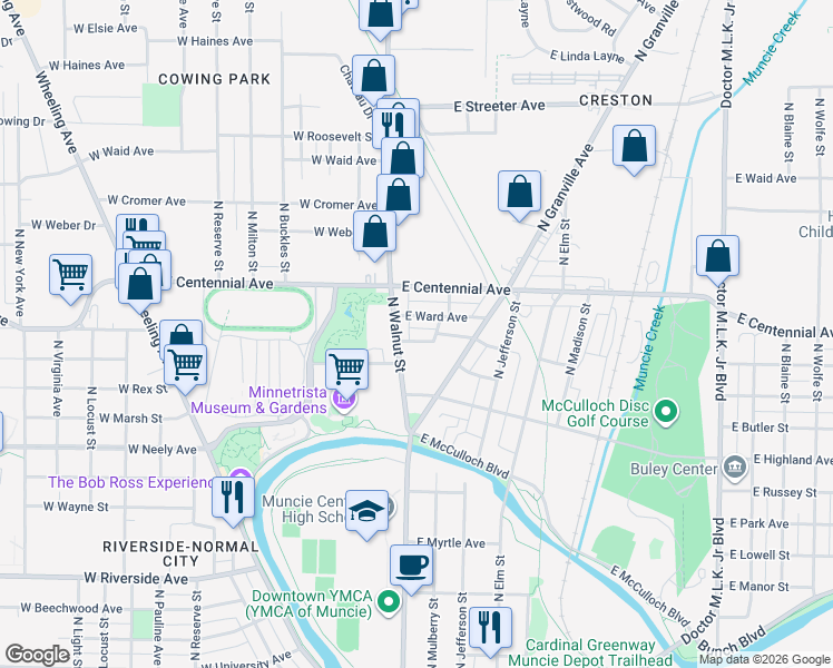 map of restaurants, bars, coffee shops, grocery stores, and more near 106 East Davidson Street in Muncie