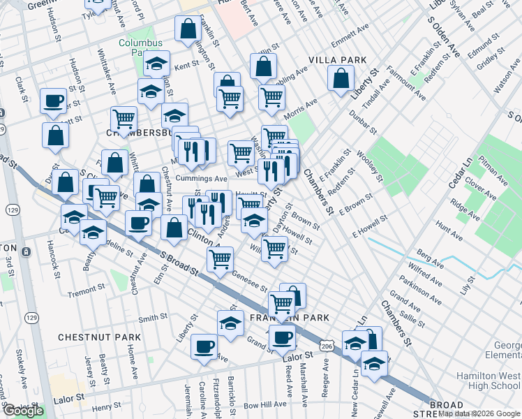 map of restaurants, bars, coffee shops, grocery stores, and more near 804 Liberty Street in Trenton