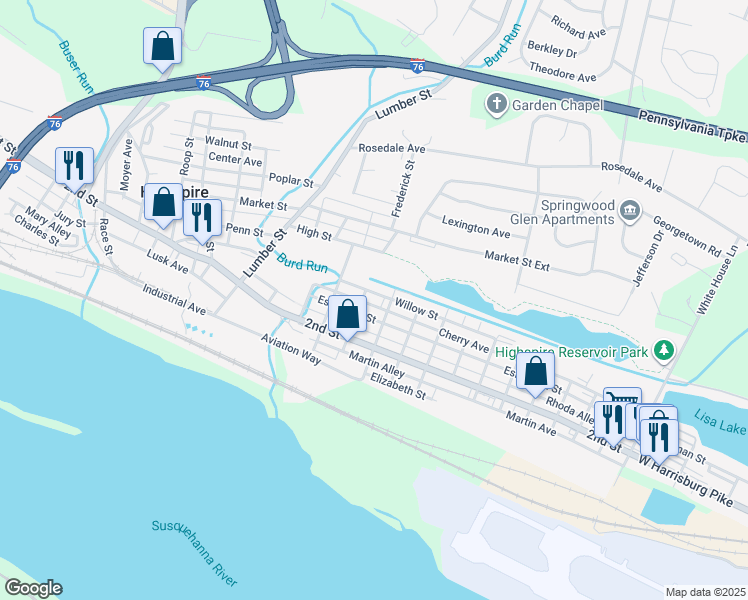 map of restaurants, bars, coffee shops, grocery stores, and more near 410 Willow Street in Highspire