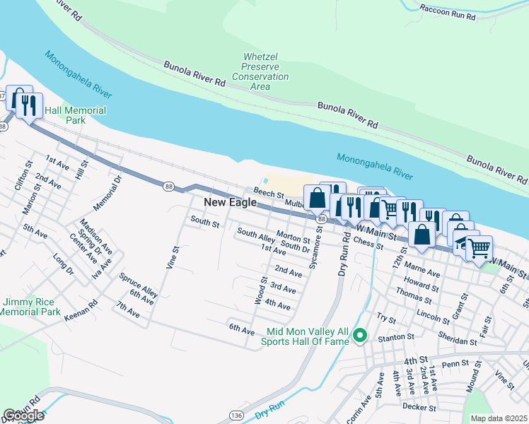 map of restaurants, bars, coffee shops, grocery stores, and more near 166 Main Street in New Eagle
