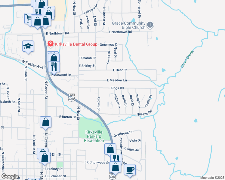 map of restaurants, bars, coffee shops, grocery stores, and more near 1010 Kings Road in Kirksville