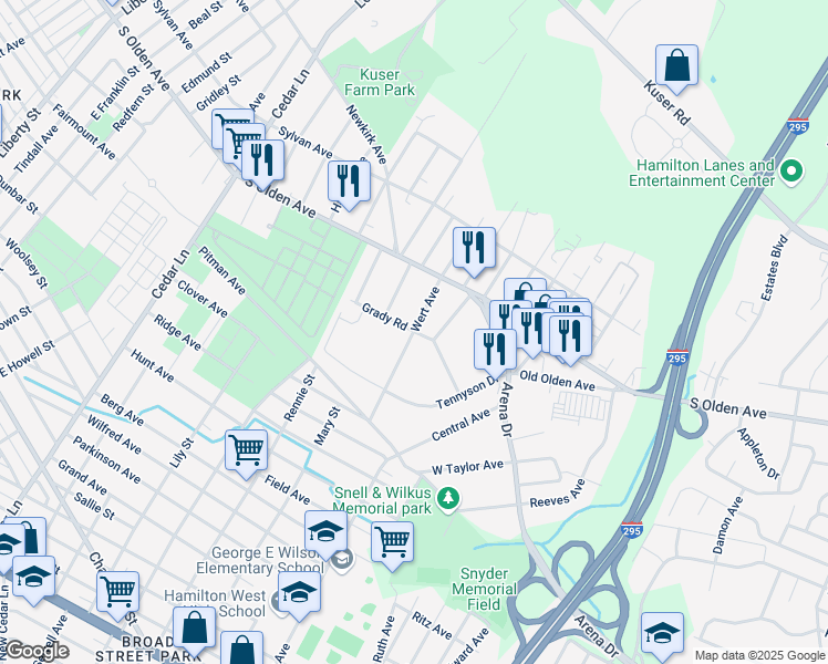 map of restaurants, bars, coffee shops, grocery stores, and more near Wert Avenue & Grady Road in Hamilton Township