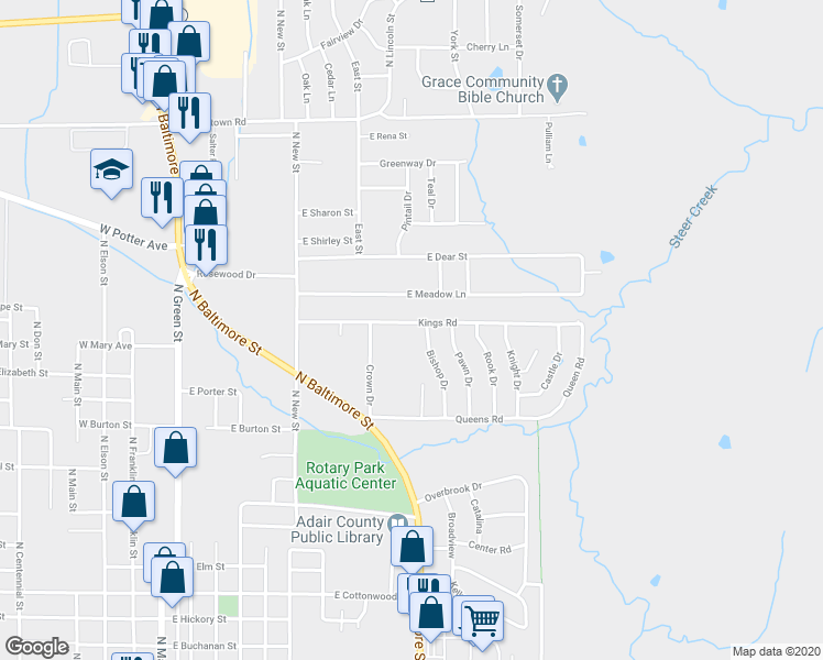 map of restaurants, bars, coffee shops, grocery stores, and more near 1010 Kings Road in Kirksville