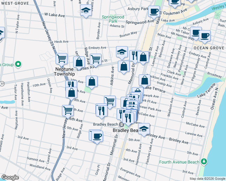 map of restaurants, bars, coffee shops, grocery stores, and more near 1200 10th Avenue in Neptune City