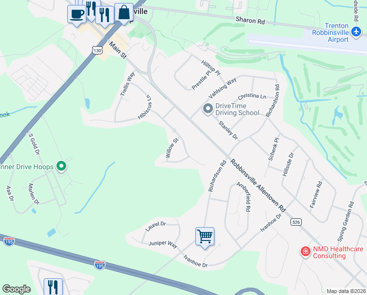 map of restaurants, bars, coffee shops, grocery stores, and more near 206 Honeysuckle Drive in Robbinsville Township