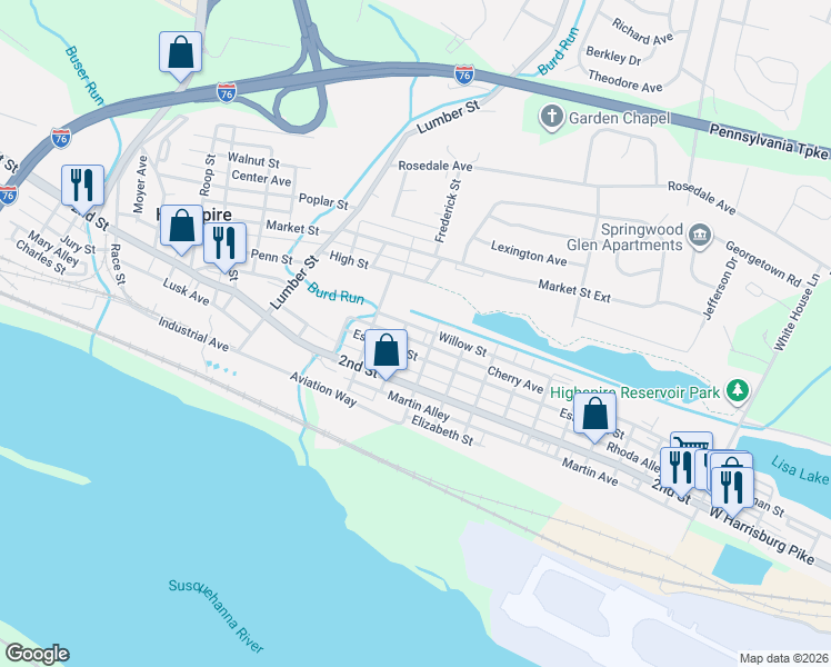 map of restaurants, bars, coffee shops, grocery stores, and more near 410 Willow Street in Highspire