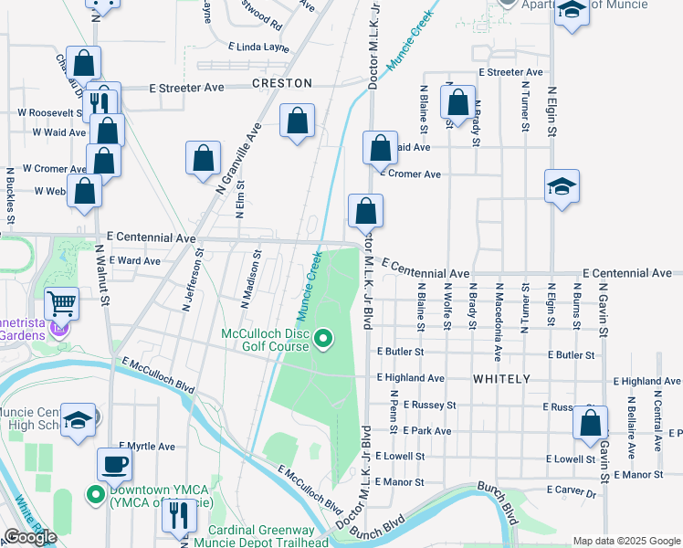 map of restaurants, bars, coffee shops, grocery stores, and more near East in Muncie