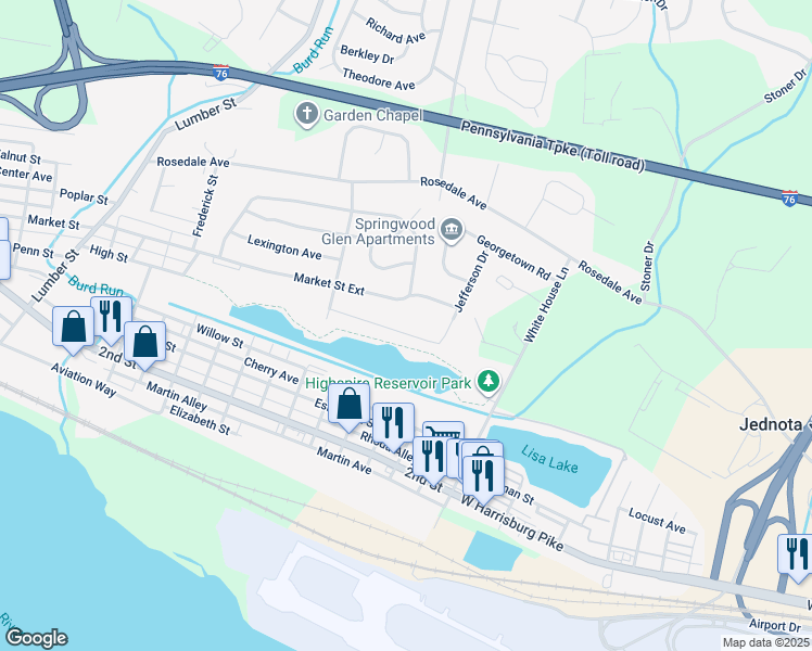 map of restaurants, bars, coffee shops, grocery stores, and more near 1823 Lakeside Drive in Middletown