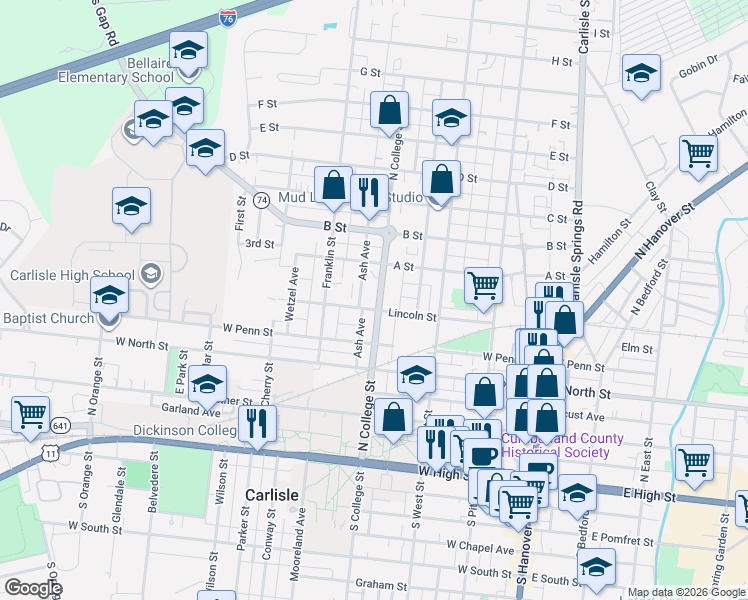 map of restaurants, bars, coffee shops, grocery stores, and more near 426 North College Street in Carlisle
