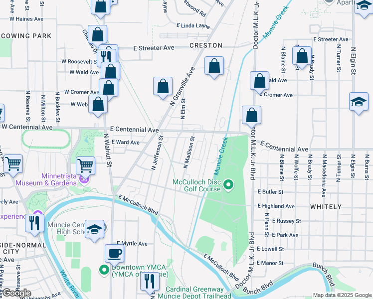 map of restaurants, bars, coffee shops, grocery stores, and more near 1517 North Madison Street in Muncie
