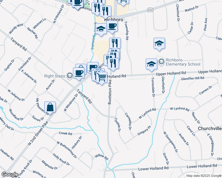 map of restaurants, bars, coffee shops, grocery stores, and more near 789 Bustleton Pike in Richboro