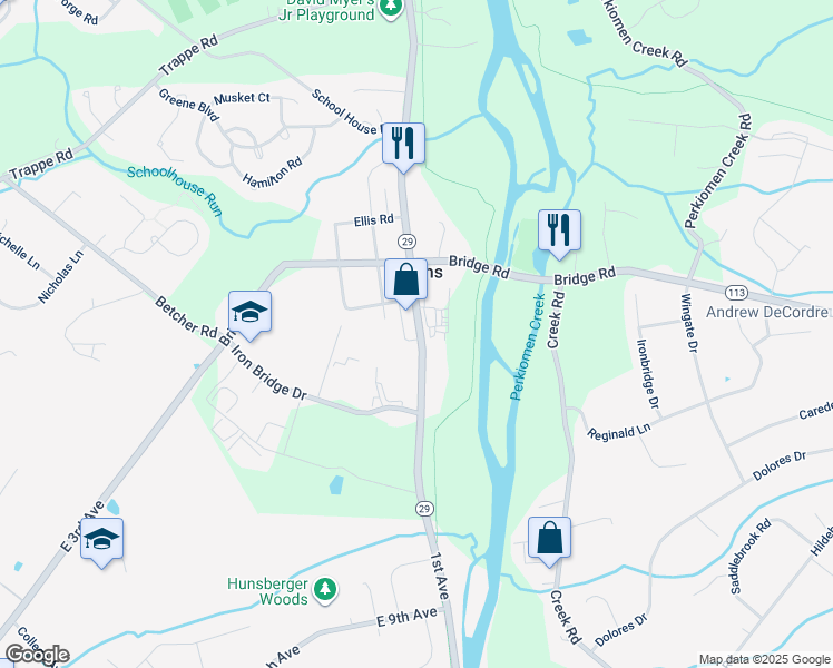 map of restaurants, bars, coffee shops, grocery stores, and more near 85 Gravel Pike in Collegeville
