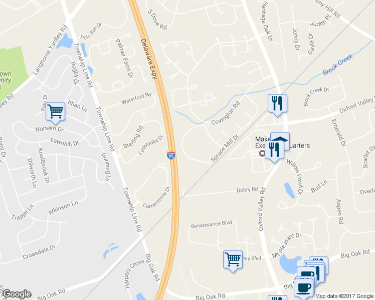 map of restaurants, bars, coffee shops, grocery stores, and more near 8202 Spruce Mill Drive in Yardley