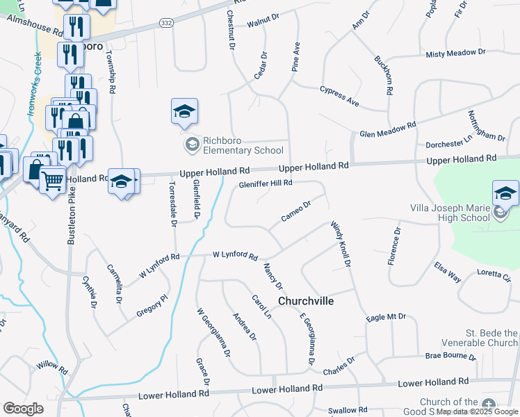 map of restaurants, bars, coffee shops, grocery stores, and more near 15 Cobblestone Court in Richboro