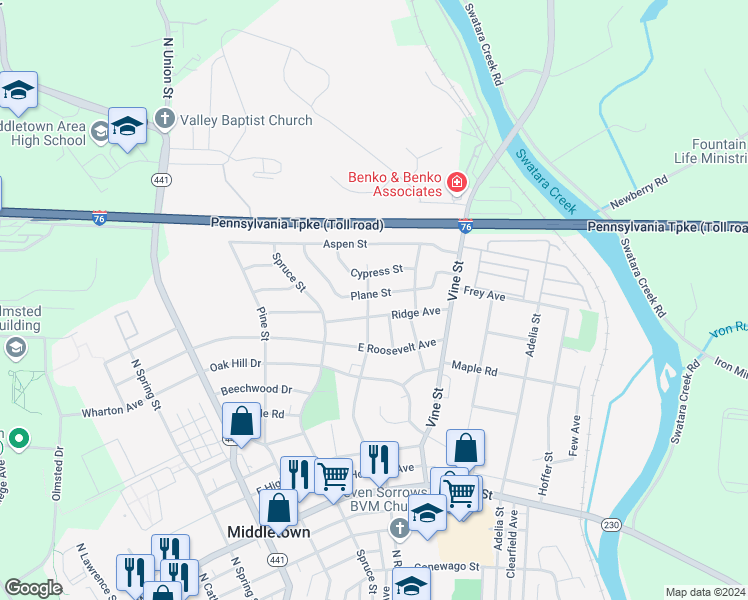 map of restaurants, bars, coffee shops, grocery stores, and more near 302 Plane Street in Middletown