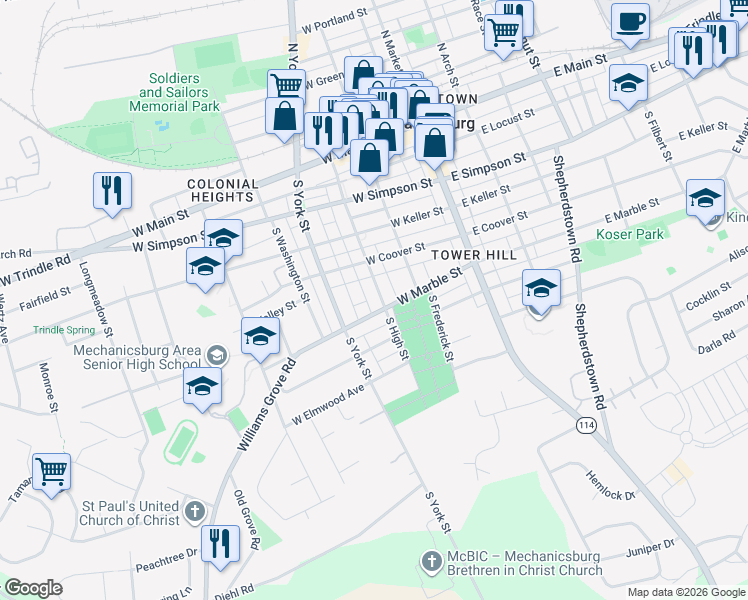 map of restaurants, bars, coffee shops, grocery stores, and more near 428 S High St in Mechanicsburg