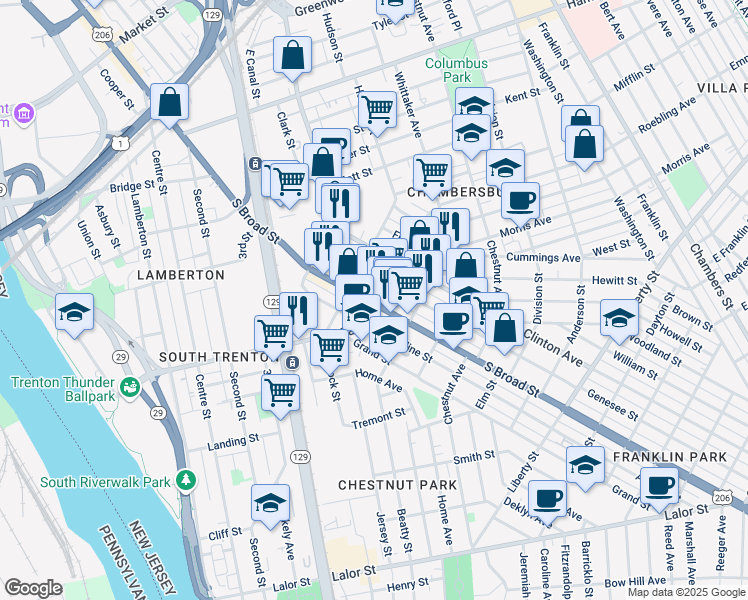 map of restaurants, bars, coffee shops, grocery stores, and more near 834 South Broad Street in Trenton