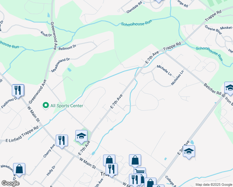 map of restaurants, bars, coffee shops, grocery stores, and more near 227 East 7th Avenue in Collegeville