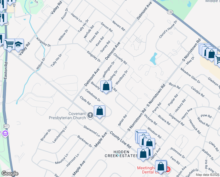 map of restaurants, bars, coffee shops, grocery stores, and more near 1264 Victoria Road in Warminster