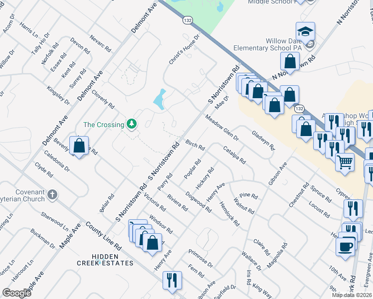 map of restaurants, bars, coffee shops, grocery stores, and more near 316 Parry Road in Warminster