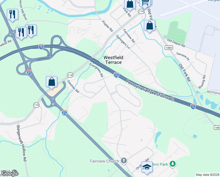 map of restaurants, bars, coffee shops, grocery stores, and more near 83 Evergreen Rd in New Cumberland