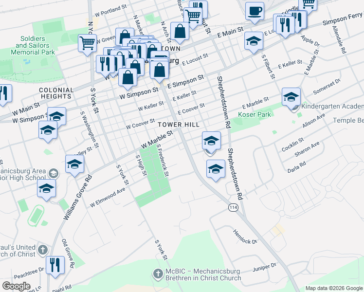 map of restaurants, bars, coffee shops, grocery stores, and more near 602 S Market St in Mechanicsburg
