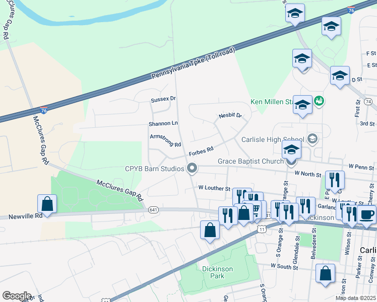 map of restaurants, bars, coffee shops, grocery stores, and more near 929 Forbes Road in Carlisle