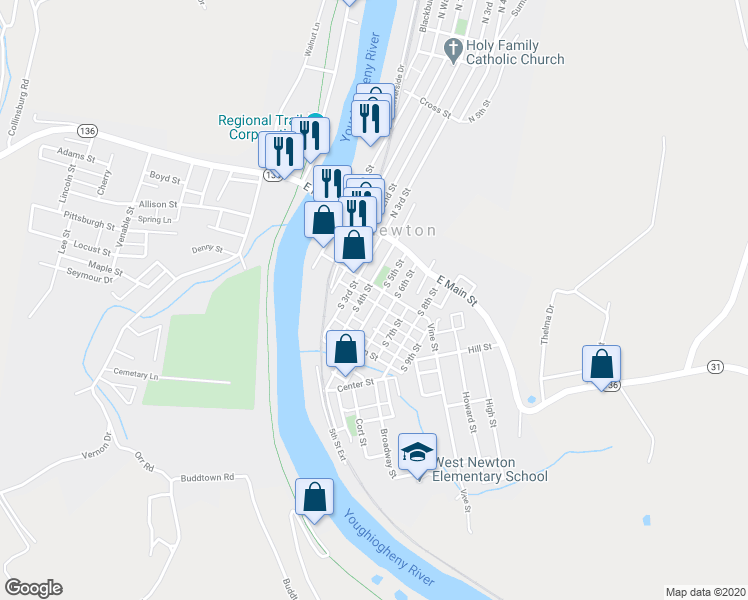 map of restaurants, bars, coffee shops, grocery stores, and more near 202 South 5th Street in West Newton