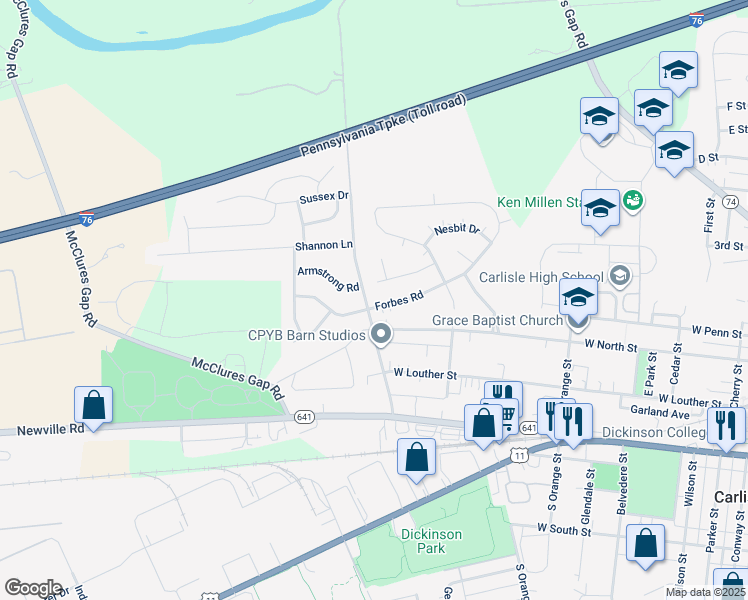 map of restaurants, bars, coffee shops, grocery stores, and more near 929 Forbes Road in Carlisle