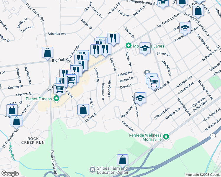 map of restaurants, bars, coffee shops, grocery stores, and more near 582 Elbridge Road in Morrisville