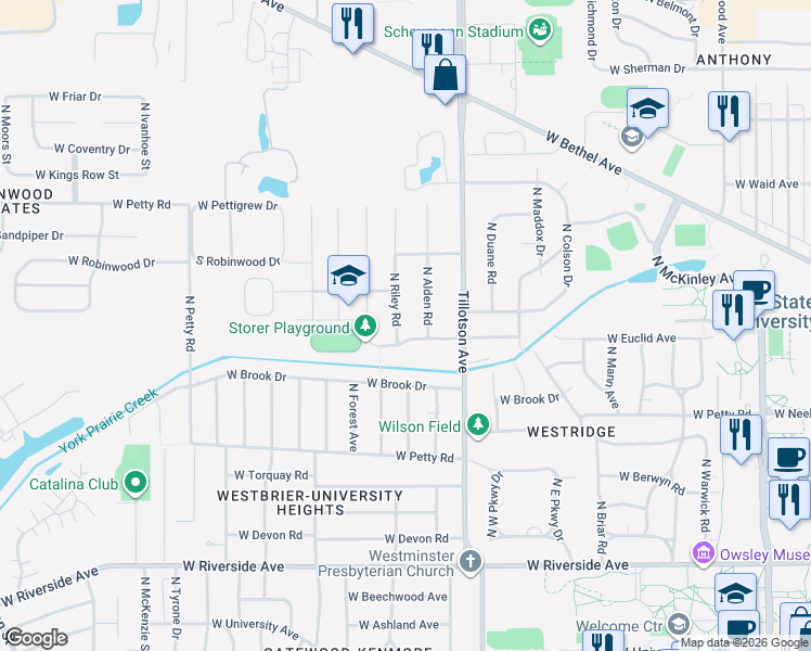 map of restaurants, bars, coffee shops, grocery stores, and more near 1608 North Riley Road in Muncie