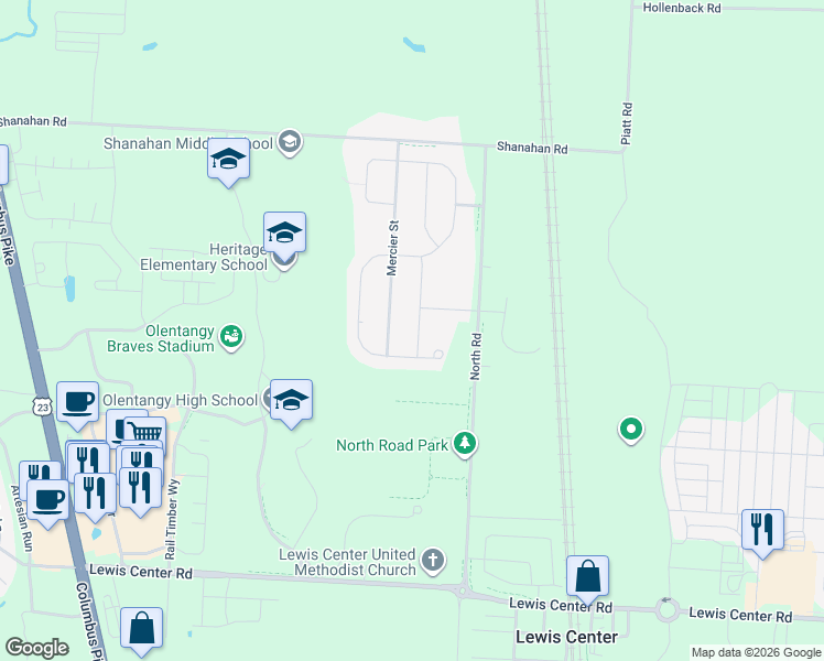 map of restaurants, bars, coffee shops, grocery stores, and more near 5700 Dorrington Street in Lewis Center