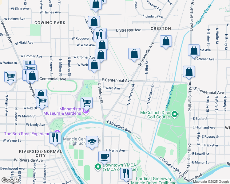 map of restaurants, bars, coffee shops, grocery stores, and more near 210 East Davidson Street in Muncie