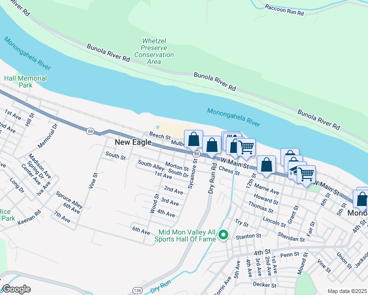 map of restaurants, bars, coffee shops, grocery stores, and more near 129 West Main Street in New Eagle