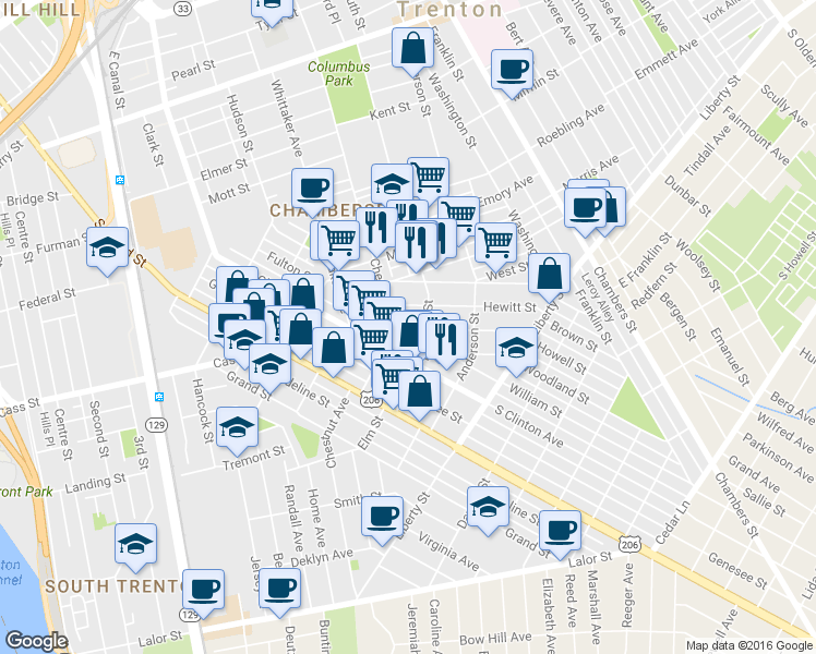 map of restaurants, bars, coffee shops, grocery stores, and more near 126 Rusling St in Trenton
