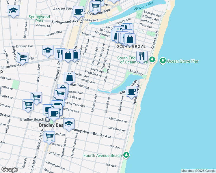 map of restaurants, bars, coffee shops, grocery stores, and more near 70 Stockton Avenue in Neptune Township