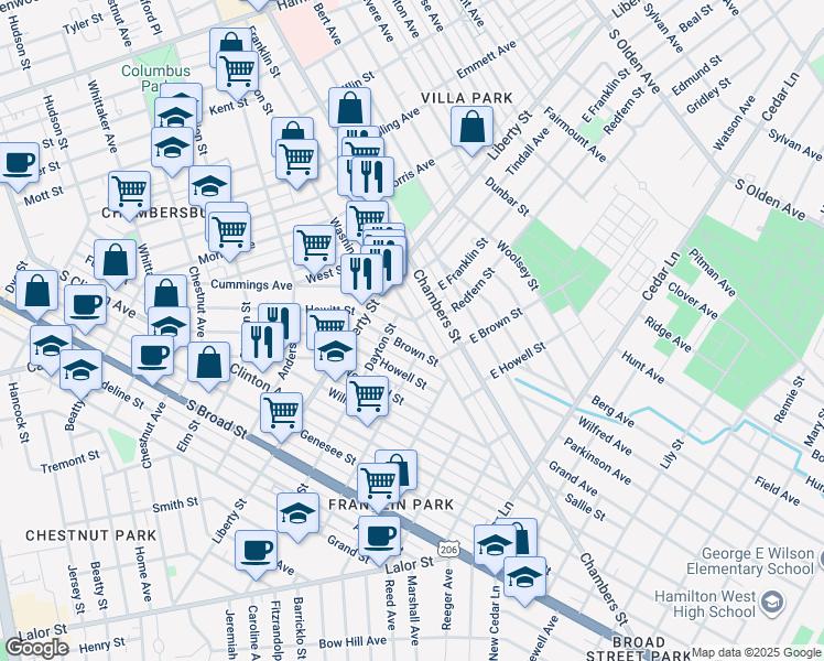 map of restaurants, bars, coffee shops, grocery stores, and more near 127 Vroom Street in Trenton