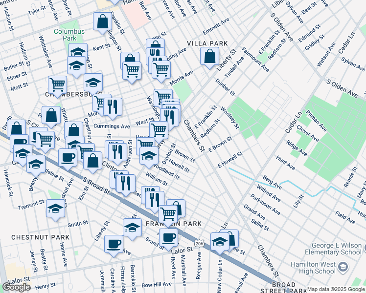 map of restaurants, bars, coffee shops, grocery stores, and more near 127 Vroom Street in Trenton