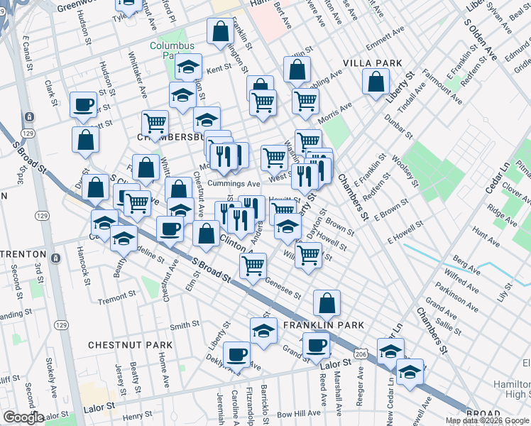 map of restaurants, bars, coffee shops, grocery stores, and more near 767 Anderson Street in Trenton
