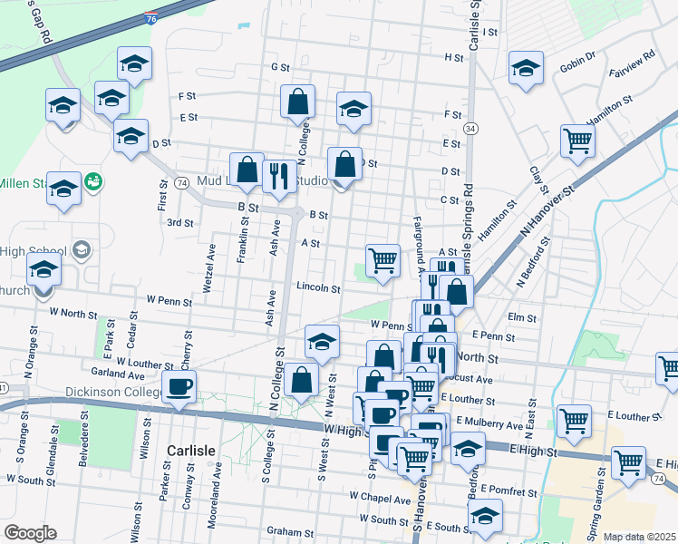 map of restaurants, bars, coffee shops, grocery stores, and more near 430 North West Street in Carlisle