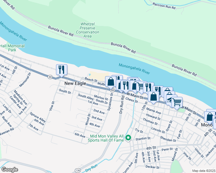 map of restaurants, bars, coffee shops, grocery stores, and more near 129 West Main Street in New Eagle