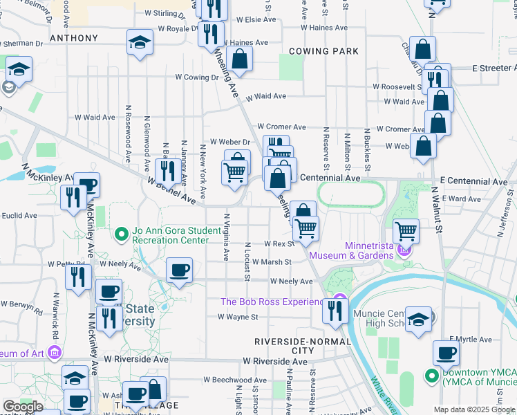map of restaurants, bars, coffee shops, grocery stores, and more near 1017 West Bethel Avenue in Muncie