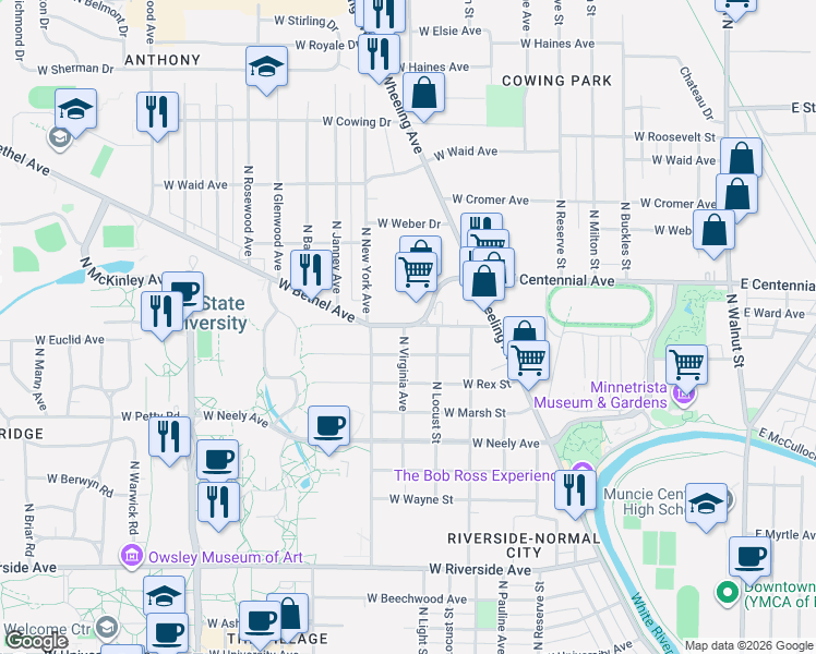 map of restaurants, bars, coffee shops, grocery stores, and more near 1119 West Bethel Avenue in Muncie