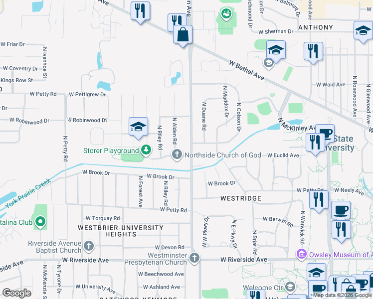 map of restaurants, bars, coffee shops, grocery stores, and more near 1605 North Tillotson Avenue in Muncie