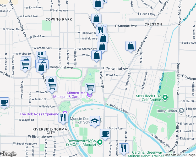map of restaurants, bars, coffee shops, grocery stores, and more near 1505 North Walnut Street in Muncie