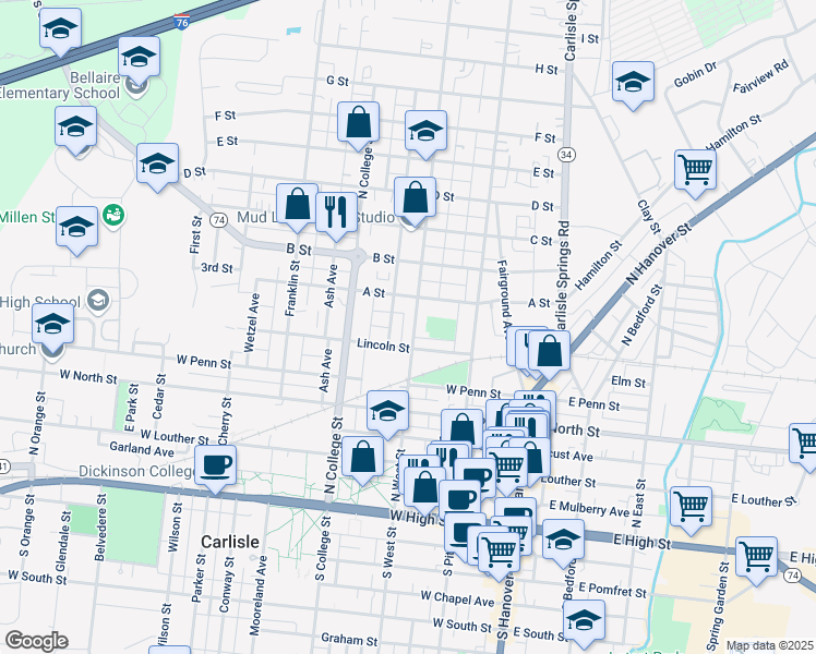 map of restaurants, bars, coffee shops, grocery stores, and more near 430 North West Street in Carlisle