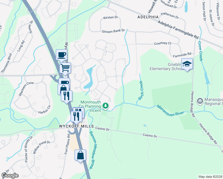 map of restaurants, bars, coffee shops, grocery stores, and more near Dag Hammarskjold Boulevard in Freehold